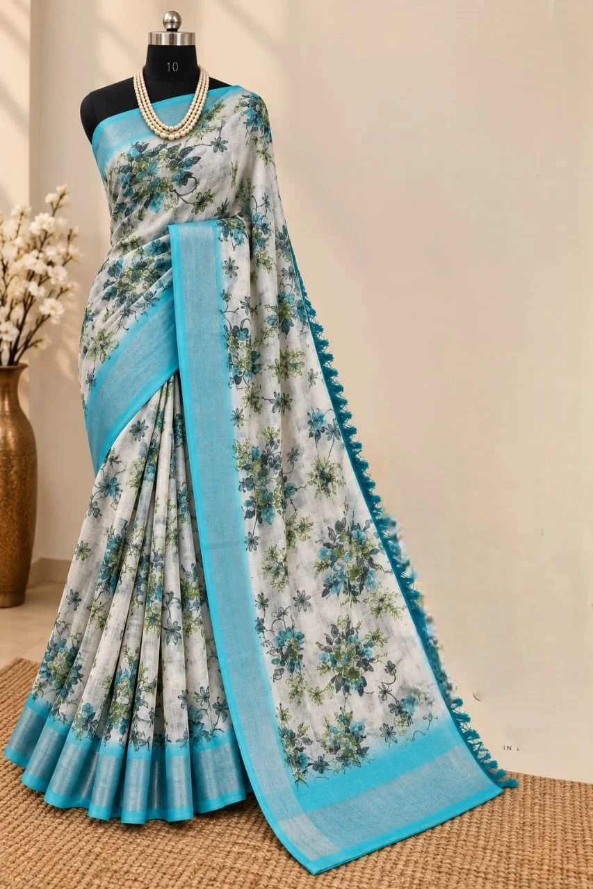 Botanical Floral Digital Printing Linen Cotton Saree